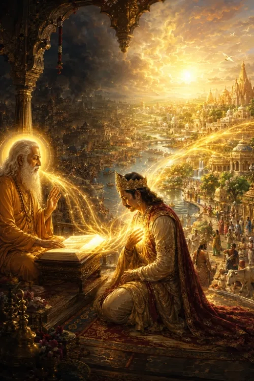 A haloed sage speaks to a crowned king kneeling before an illuminated manuscript; golden light streams from the book out across a whole city of temples, river and people at sunrise.
