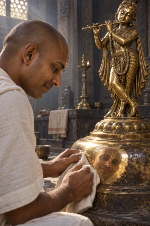 A devotee polishing the brass pedestal of a Kṛṣṇa Deity in a temple, his own face reflected back at him in the metal he is cleaning.