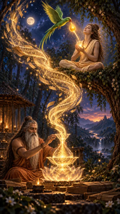 Vyāsa draws a ribbon of golden light from a lotus vessel among palm-leaf manuscripts; it rises as a parrot dripping nectar into Śukadeva’s hands.