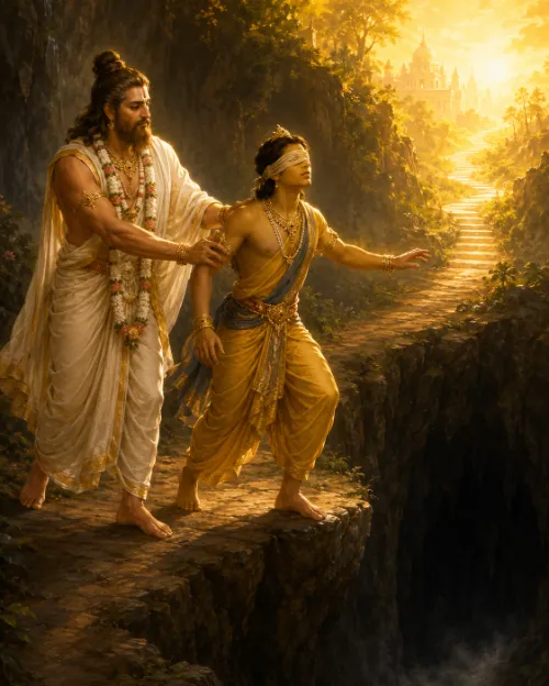 An elderly teacher with a topknot and grey beard, in white robes and a flower garland, grips the arm of a blindfolded young man in a gold dhotī who is stepping toward the edge of a dark ravine with one arm outstretched into empty air. Behind them a lit stone stairway climbs through green foliage toward a golden temple on the ridge.