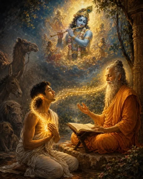 A sage with an open manuscript speaks to a kneeling young man; golden sound flows from his hand into the young man's ear and lights his heart, while Krsna plays the flute above and a camel, ass, hog and dog wait in the shadows.
