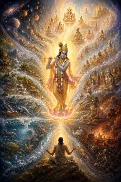Kṛṣṇa stands playing His flute on a pink lotus at the centre of a luminous column of light, in a yellow dhotī with a peacock crown and flower garlands. Around Him creation fans out: galaxies and planets at the upper left, tiers of celestial figures and temples above, animals, birds and sea creatures to the left, seated sages to the right, and a fiery lower region beneath. A figure in white sits meditating at the base, looking up.