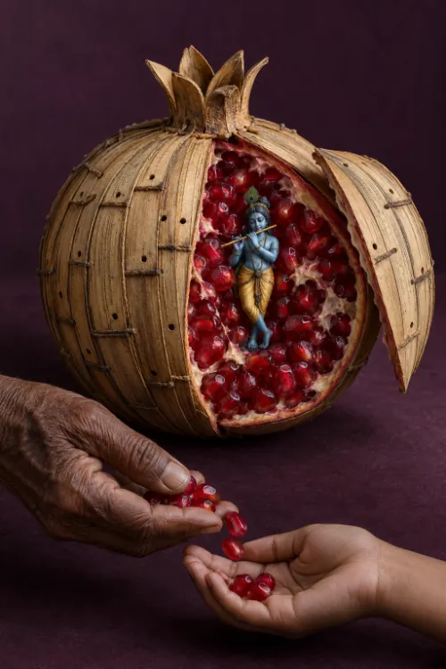 A pomegranate with a rind of palm-leaf manuscript pages, opened to show Kr̥ṣṇa at its centre, as an old hand passes seeds to a young one.