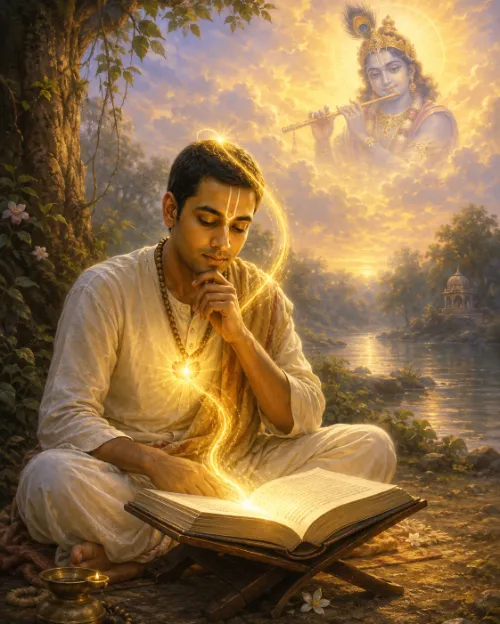 A young man in a white kurtā sits cross-legged on a riverbank at dusk, reading an open book on a low wooden stand, one hand raised to his chin in thought. He wears tulasī beads and a small locket, and a ribbon of golden light rises from the page past his face. Above him Kṛṣṇa appears in the clouds within a halo, playing His flute. A brass water pot and a white flower lie beside him, with a small domed shrine across the water.