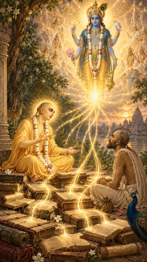 A young sannyāsī in saffron speaks from a seat of palm-leaf manuscripts to a listening ascetic, streams of golden light running from the open books up to Viṣṇu, who stands four-armed above them holding conch, disc, lotus and club; ranks of devas and ṛṣis look on from the clouds and a temple town lies along the river at sunset.