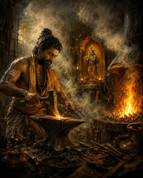 A blacksmith with tilaka, rudrākṣa beads and a topknot works a glowing piece of iron on an anvil in a smoky forge, his hammer raised. A furnace blazes at the right and thick smoke fills the upper half of the scene. Behind him, in a lamplit alcove, stands a small golden Deity figure with offerings set before it.