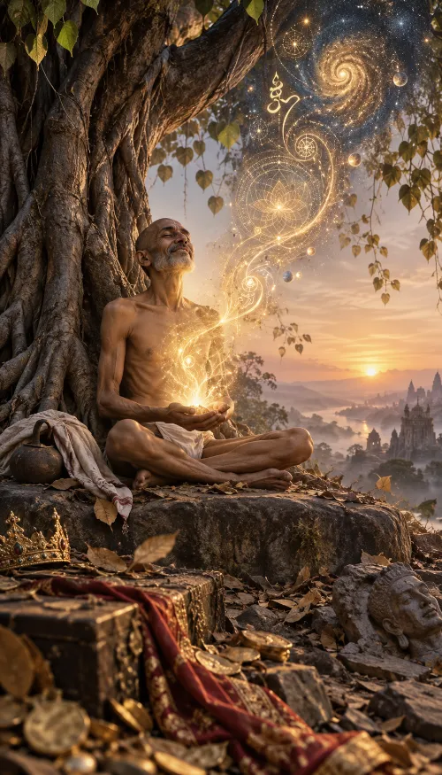 An emaciated ascetic in a loincloth sits under a banyan with a light cupped in his hands and a spiral of galaxies rising from it, while a discarded crown, a jewelled chest and scattered gold lie half-buried in leaves below him.