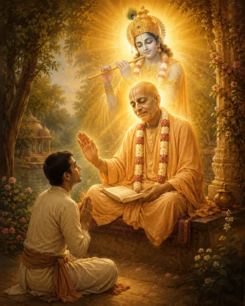 A devotee in white kneels with palms joined before a saffron-clad guru seated on a cushioned seat with an open book, one hand raised in blessing. Behind and above them Kṛṣṇa stands in a corona of golden light playing His flute, wearing a peacock crown and flower garland. A river, a domed pavilion and flowering trees fill the background.