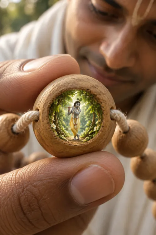 Fingers holding a single tulasī japa bead in which a whole forest opens, Kṛṣṇa standing within it playing His flute.