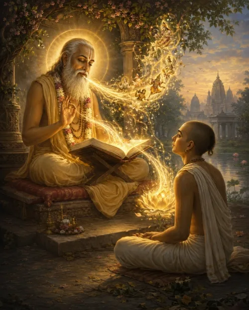 A radiant sage reads aloud from an open book on a raised seat; the pastimes of Krsna stream in golden light from his mouth toward a young monk seated before him, with temple spires and a river beyond.