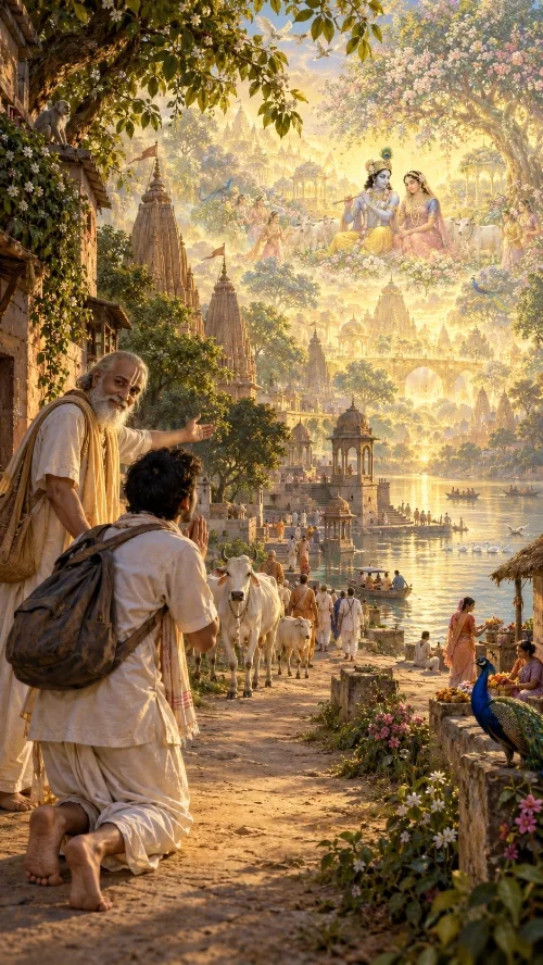 An elderly teacher in white points out over a riverside town of temples and ghāṭas while a young pilgrim with a travelling bag kneels beside him with folded hands; above the rooftops Rādhā and Kṛṣṇa and the cowherds are visible in the golden sky. Cows walk the lane and a peacock stands on the wall.