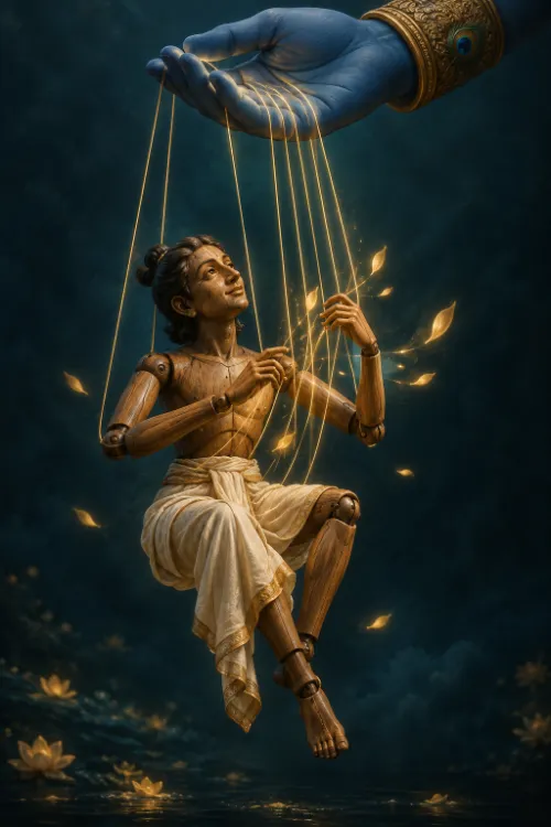 A wooden marionette on golden strings held by Kṛṣṇa’s blue hand, its own hands raised to the strings as it looks upward.