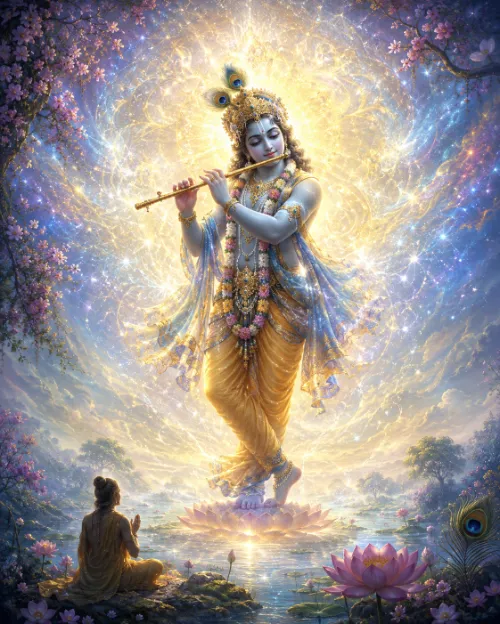 Kṛṣṇa stands playing His flute on a pink lotus above a still lake, in a golden dhotī with a peacock crown and a long flower garland, His figure wrapped in a vast radiant swirl of light and stars. Blossoming pink branches frame the scene, a peacock stands among lotuses at the right, and a sage in ochre robes sits meditating on the near shore.