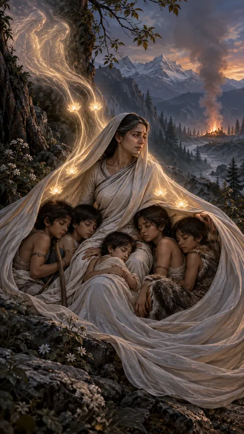 Kuntī in white on a mountainside at dusk, her veil spread over five sleeping children, a funeral pyre burning in the valley below.