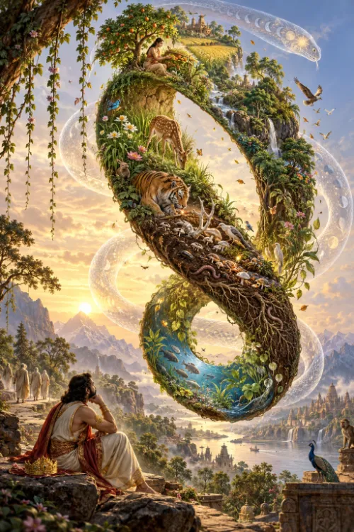 A great endless loop formed of living earth — plants, deer, a tiger over its prey, fish and birds — spiralling above a landscape, watched from below by a seated crowned figure resting his chin on his hand.