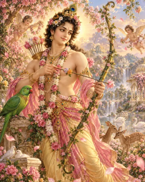 Kāmadeva with his flower bow and arrows in a blossoming arbour, attended by a parrot, doves and deer.