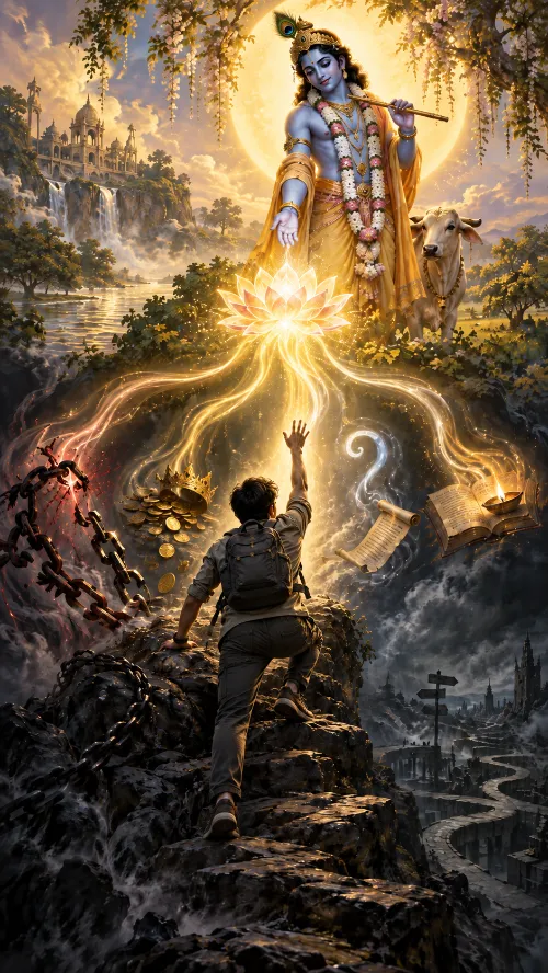 Kṛṣṇa stands above a radiant lotus from which four streams of light reach out to broken chains, heaped gold, a question mark and an open book, while a climber on dark rock stretches up toward His outstretched hand.