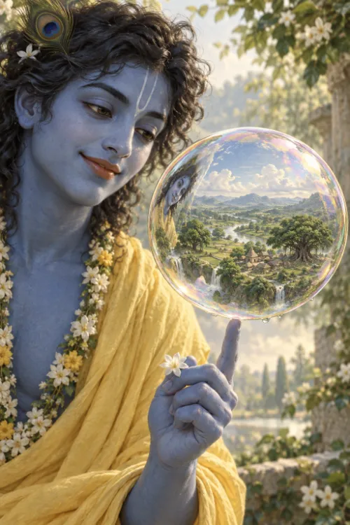 Kṛṣṇa balances a soap bubble on one fingertip, an entire landscape of hills, river and sky contained inside it.