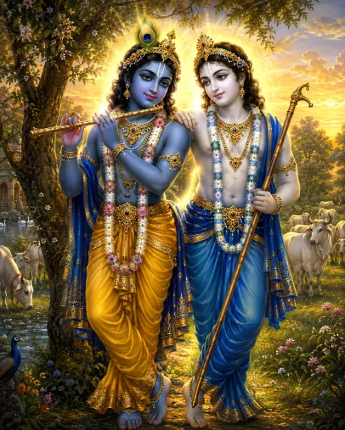 Kṛṣṇa and Balarāma stand together beneath a tree at sunset. Kṛṣṇa, blue-complexioned, wears a yellow dhotī, peacock crown and flower garlands and holds His flute; Balarāma, fair-complexioned, wears a blue dhotī and gold ornaments and rests a golden plough on His shoulder. Cows graze beside a pool behind them and a peacock stands among the flowers.