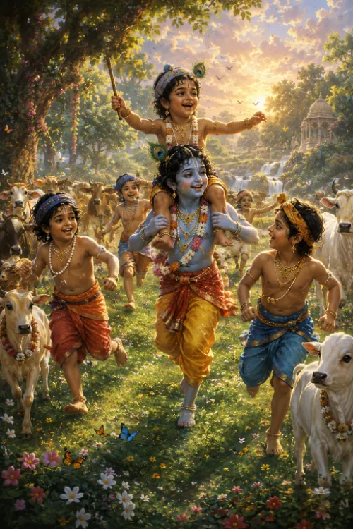 The child Kṛṣṇa runs barefoot through a flowering meadow in a yellow dhotī and flower garlands, a smaller boy in a peacock-feather crown riding on His shoulders and holding a stick aloft. Four cowherd boys run laughing alongside among white cows and calves, with butterflies, a waterfall and a small temple in the sunlit background.