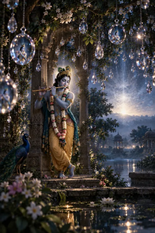 Kṛṣṇa plays His flute against a carved pillar in a moonlit garden, and the crystal drops hanging all around Him each hold a small reflected image of the same figure; a peacock stands at the left and a river with lit pavilions runs into the distance.