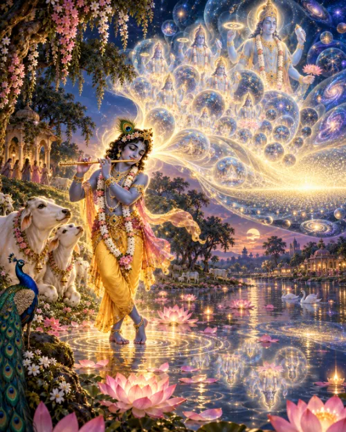 Kṛṣṇa stands playing His flute in the shallows of a lotus river in Vraja, cows and a peacock beside Him; from His form a stream of light opens into a sky of luminous bubbles, each holding a four-armed Viṣṇu, with galaxies turning among them.