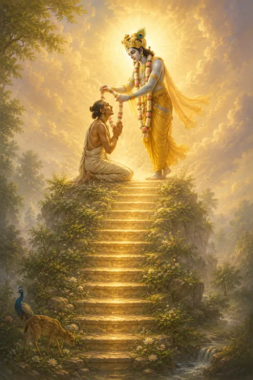 Kṛṣṇa stands at the top of a sunlit stone stairway in a yellow dhotī and peacock crown, lowering a flower garland over a kneeling devotee who looks up with palms joined. The steps descend through flowering shrubs toward a stream, with a peacock and a deer at the foot of the stairs and golden clouds behind.