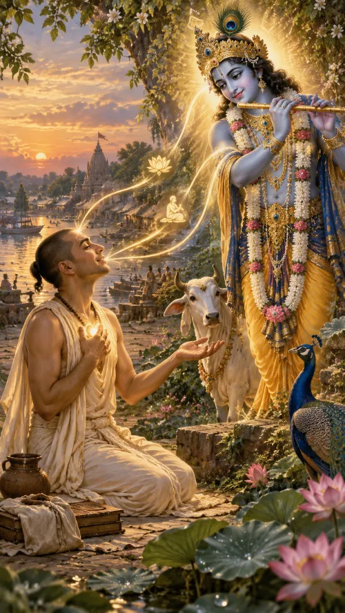 A kneeling devotee with a small lamp of light at his heart reaches toward Kṛṣṇa, who plays His flute beside a white cow at sunset; the man’s few possessions — a water pot, a bundle, a book — lie on the stone beside him, a peacock stands at the right and a lotus opens in the foreground.