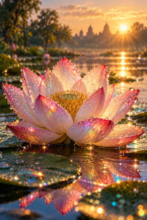 A pink and white lotus open on still water at sunrise, every petal beaded with dew that catches the light; lily pads and a temple skyline lie behind it, and the flower’s reflection breaks in the water below.