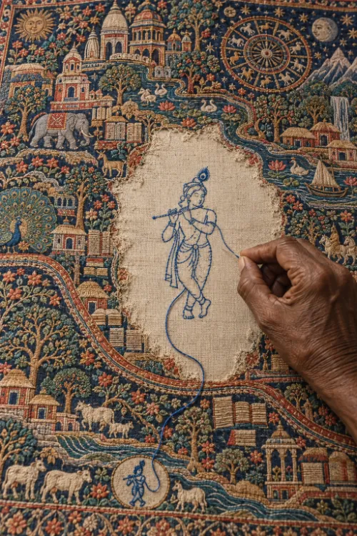 A hand embroidering Kr̥ṣṇa into the blank centre of a densely worked tapestry of the whole world.