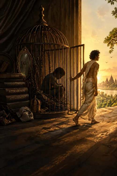 A man stepping out through the open door of a gilded cage into sunrise light toward temples and a river, his chained former self still seated within beside stacked books and a discarded crown.