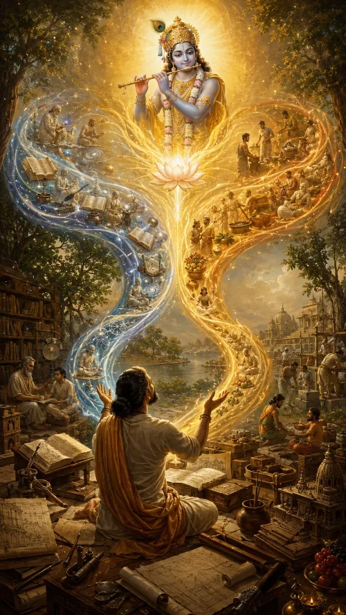 Krsna plays the flute above a lotus while two streams curve up to Him, a blue stream of scholars, books and meditation on one side and a golden stream of workers, cooks and builders on the other, as a sage below raises both hands among his manuscripts.