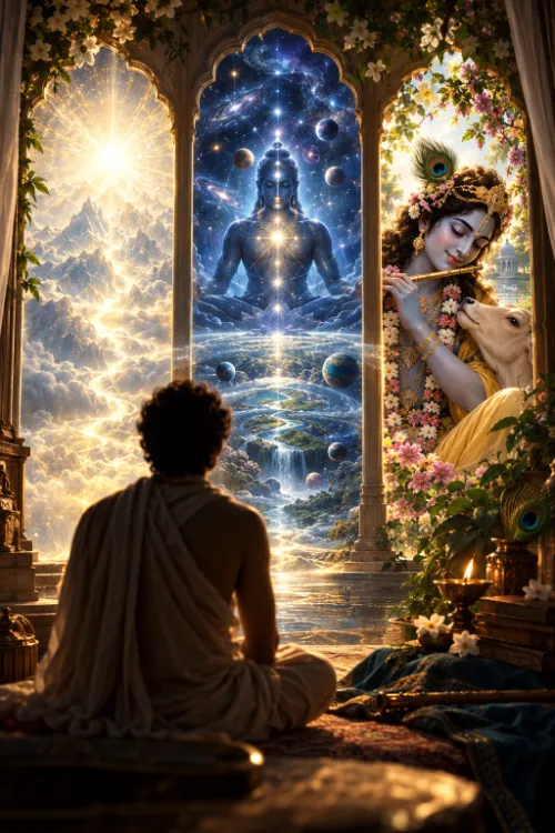 A seated seeker before three arches showing the Absolute as radiant light, as the indwelling cosmic Self, and as Kr̥ṣṇa playing the flute.