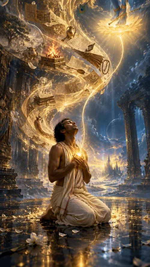 A devotee kneels with his hands cupped around a small light at his heart while a spiral of scriptures, sacrificial fire, ritual vessels and japa-beads sweeps past him, and a single thread of light descends from a radiant lotus above.