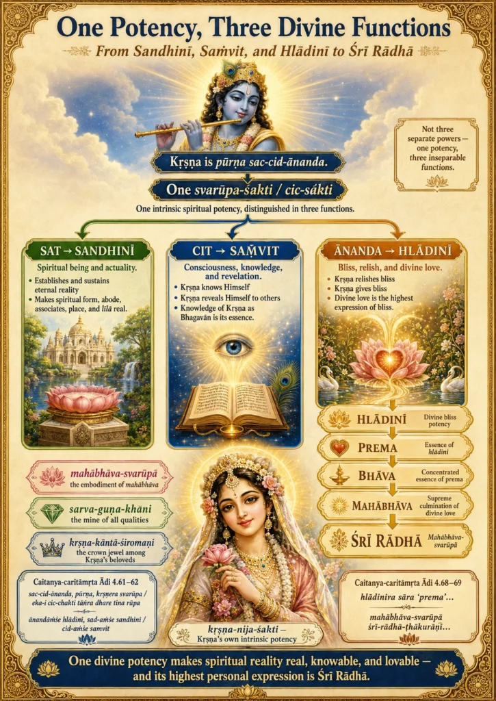 An infographic titled “One Potency, Three Divine Functions,” subtitled “From Sandhinī, Saṁvit, and Hlādinī to Śrī Rādhā.” At the top Kṛṣṇa plays His flute above two banners reading that He is pūrṇa sac-cid-ānanda and that there is one svarūpa-śakti or cic-śakti. Three arrows fan out to panels: SAT to Sandhinī, spiritual being, over a temple and lotus; CIT to Saṁvit, consciousness and revelation, over an open book and a radiant eye; ĀNANDA to Hlādinī, bliss and divine love, over a glowing lotus with swans. A chain at the right runs Hlādinī, Prema, Bhāva, Mahābhāva, Śrī Rādhā. Rādhā stands at the centre below holding a flower, with three labels beside her — mahābhāva-svarūpā, sarva-guṇa-khāni and kṛṣṇa-kāntā-śiromaṇi — and two verse panels citing Ādi 4.61–62 and 4.68–69. A banner across the foot reads that one divine potency makes spiritual reality real, knowable and lovable, and its highest personal expression is Śrī Rādhā.
