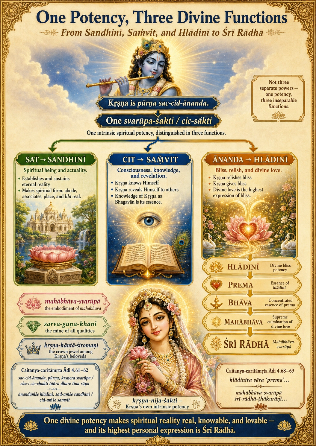 An infographic titled “One Potency, Three Divine Functions,” subtitled “From Sandhinī, Saṁvit, and Hlādinī to Śrī Rādhā.” At the top Kṛṣṇa plays His flute above two banners reading that He is pūrṇa sac-cid-ānanda and that there is one svarūpa-śakti or cic-śakti. Three arrows fan out to panels: SAT to Sandhinī, spiritual being, over a temple and lotus; CIT to Saṁvit, consciousness and revelation, over an open book and a radiant eye; ĀNANDA to Hlādinī, bliss and divine love, over a glowing lotus with swans. A chain at the right runs Hlādinī, Prema, Bhāva, Mahābhāva, Śrī Rādhā. Rādhā stands at the centre below holding a flower, with three labels beside her — mahābhāva-svarūpā, sarva-guṇa-khāni and kṛṣṇa-kāntā-śiromaṇi — and two verse panels citing Ādi 4.61–62 and 4.68–69. A banner across the foot reads that one divine potency makes spiritual reality real, knowable and lovable, and its highest personal expression is Śrī Rādhā.