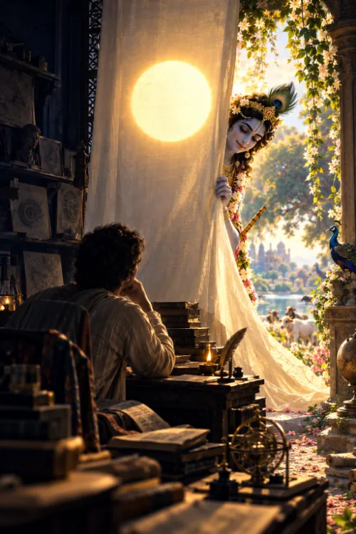 A scholar bent over books and instruments in a dim study while Kr̥ṣṇa looks in from behind a curtain beside the blazing sun.