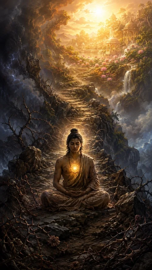 A young man in ochre robes sits cross-legged in meditation on a stone path, a point of golden light glowing at his heart. Behind him the path climbs out of a dark ravine of bare thorn branches, lightning and broken rock into a sunlit valley of waterfalls, flowering meadows and domed temples beneath a rising sun.