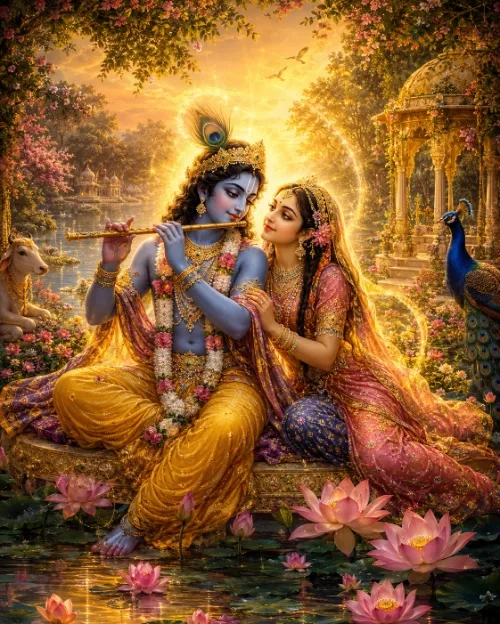 Kṛṣṇa and Rādhā sit close together on a golden seat above a lotus pool at sunset. Kṛṣṇa, blue-complexioned, wears a yellow dhotī, a peacock crown and long flower garlands and plays His flute; Rādhā rests against His shoulder in a rose and gold sārī with a veil and jewelled ornaments. A domed pavilion stands among flowering trees at the right with a peacock beside it, a cow looks on from the left, and birds cross the golden sky.