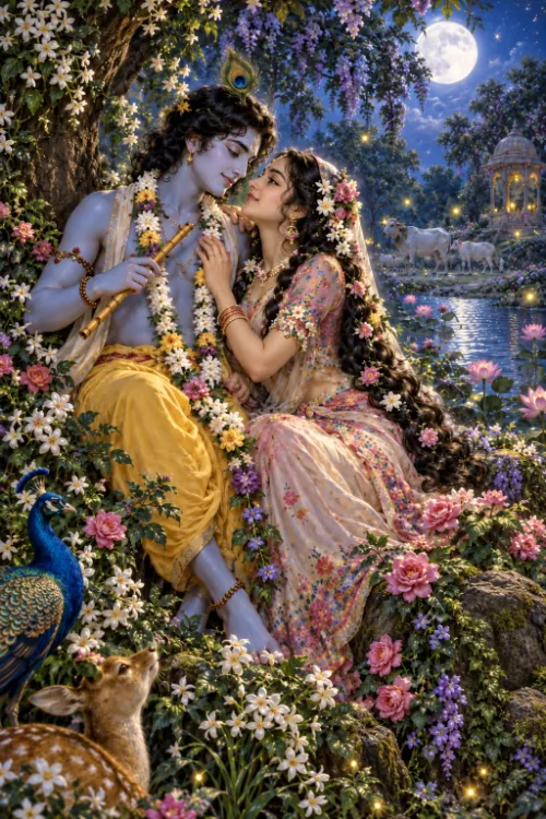 Kṛṣṇa and Rādhā seated close together in a moonlit flowering bower. He holds His flute against a long jasmine garland while she leans toward Him; a peacock and a fawn rest among the roses below, cows graze beside a lamplit shrine across the water, and a full moon stands in the night sky.