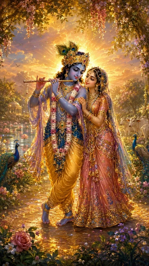 Kṛṣṇa and Rādhā stand together in a golden sunset garden. Kṛṣṇa, blue-complexioned, plays His flute in a yellow dhotī with a peacock crown and long flower garlands; Rādhā leans against Him in a rose and gold sārī with a veil and jewelled ornaments, one hand on His shoulder. Blossoming branches arch overhead, a lotus pool with peacocks lies to the left, and cows stand among the trees to the right.