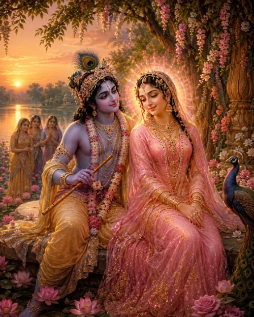 Kṛṣṇa and Rādhā sit together beneath a flowering tree beside a lake at sunset. Kṛṣṇa, in a golden dhotī with a peacock crown and flower garlands, holds His flute and turns toward Rādhā, who wears a rose-pink sārī heavy with gold and a jewelled veil, a halo of light behind her. Three gopīs stand watching near the water at the left, a peacock rests at the right, and pink lotuses float in the foreground.