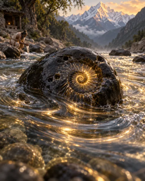 A black śālagrāma stone in a Himalayan river, its ammonite spiral glowing gold as the current swirls around it, with snow peaks and a hermitage on the bank at sunrise.