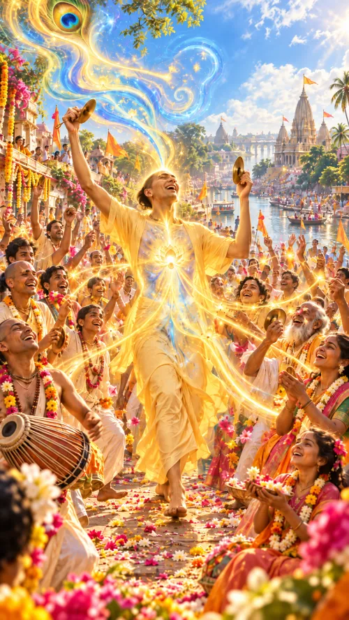 Caitanya Mahāprabhu dancing in saṅkīrtana with karatālas raised, golden light streaming from Him through a crowd of singing devotees with drums and flowers, temple spires and a river behind.