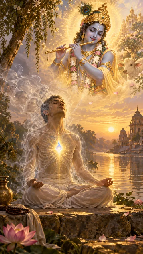 A man sits in meditation on a stone ghāṭa at sunrise, eyes closed, a drop of blue light shining at his heart; translucent faces and a ghostly skeleton drift away from him like smoke, and above him Kṛṣṇa plays His flute in golden light beside a white calf, with a temple town along the river behind.