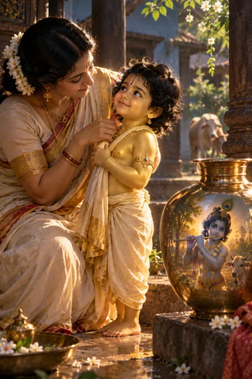 Śacī kneels to dress her golden child in a courtyard at dawn, the boy looking up at her; on the brass water-pot beside them is a painted image of blue Kṛṣṇa playing His flute beside a cow.