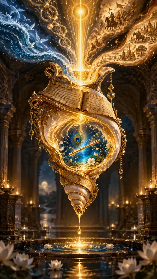 A golden conch-shaped vessel whose upper part is an open manuscript and whose bowl holds a peacock feather and a flute, with streams of Vedic and epic imagery converging into it from above and a single drop falling into a lotus pool below.