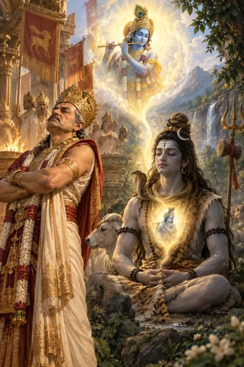 Dakṣa stands crowned and garlanded beside his sacrificial fire, arms folded and face turned away in disdain, while Śiva sits in meditation on a rock with a cobra at his shoulder — Kṛṣṇa visible as light within Śiva’s heart and again in the sky above.