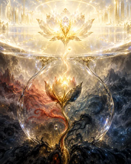Two lotuses divided by a bright boundary — above, a crystalline lotus in pure golden light; below, within a glass vessel, a lotus of mixed red, dark and pale hues rooted in swirling cloud, a thread of light joining them.