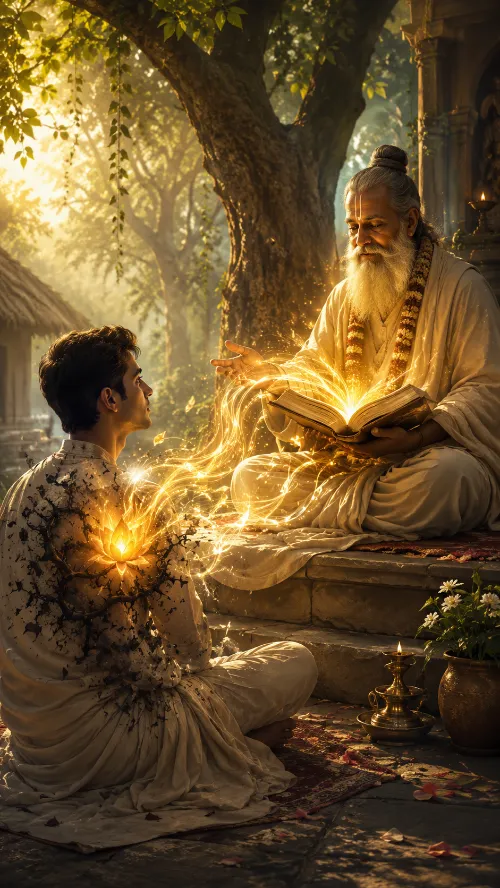A young man in white sits on a stone step before an elderly sage with a long white beard, topknot and flower garland, who holds an open illuminated book. Streams of golden light flow from the book to the young man’s chest, where a dark crust is breaking away into light. A thatched hut, a temple pillar, a brass lamp and flowers surround them in a sunlit grove.